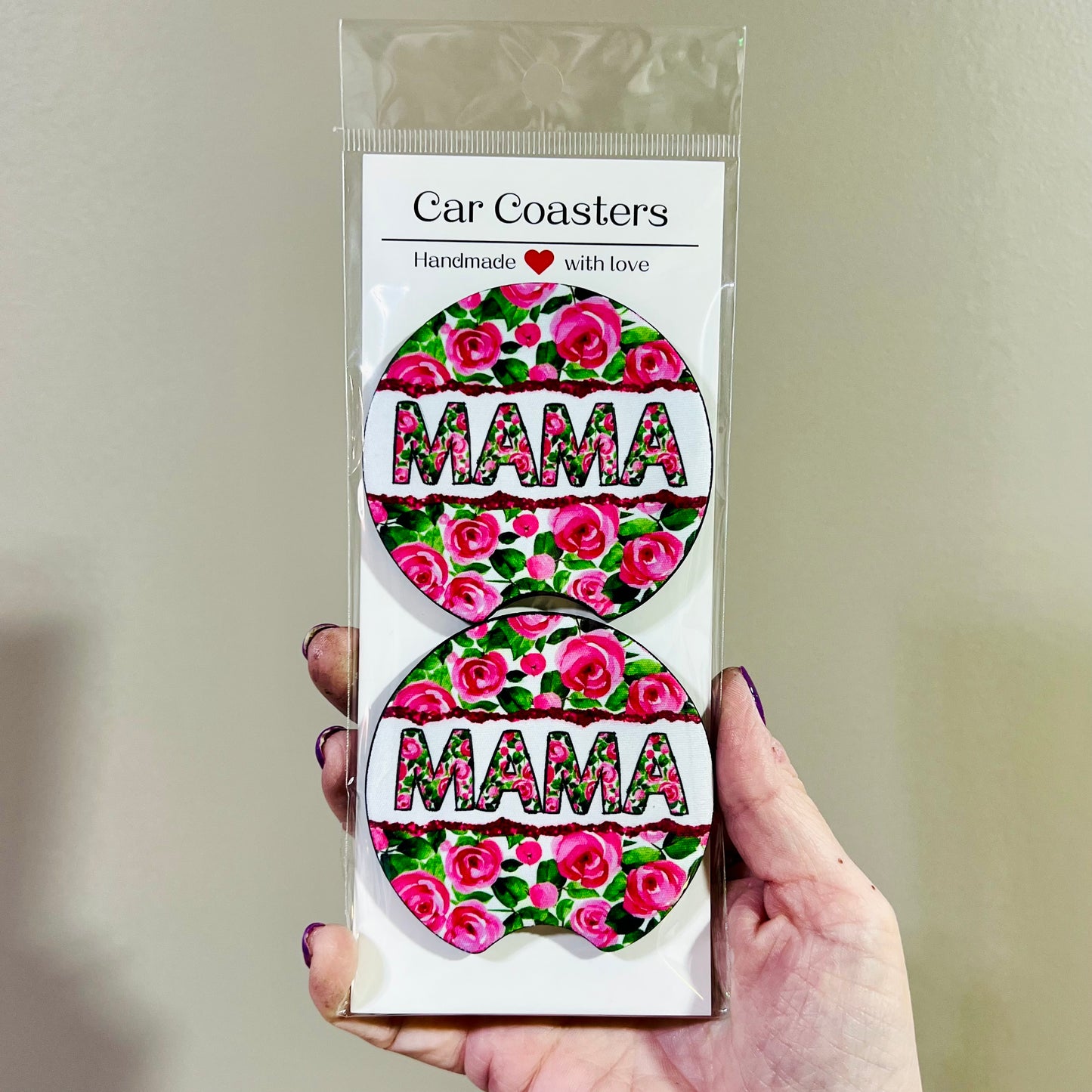 Mama Pink Floral Car Coaster Set
