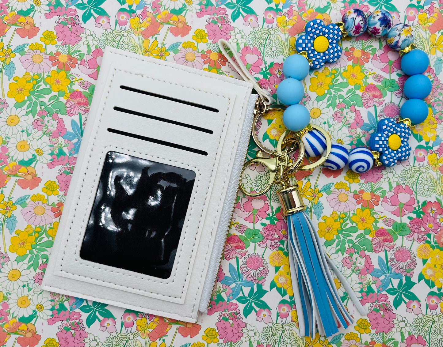 Floral Soda Keychain Wristlet with Wallet Bracelet