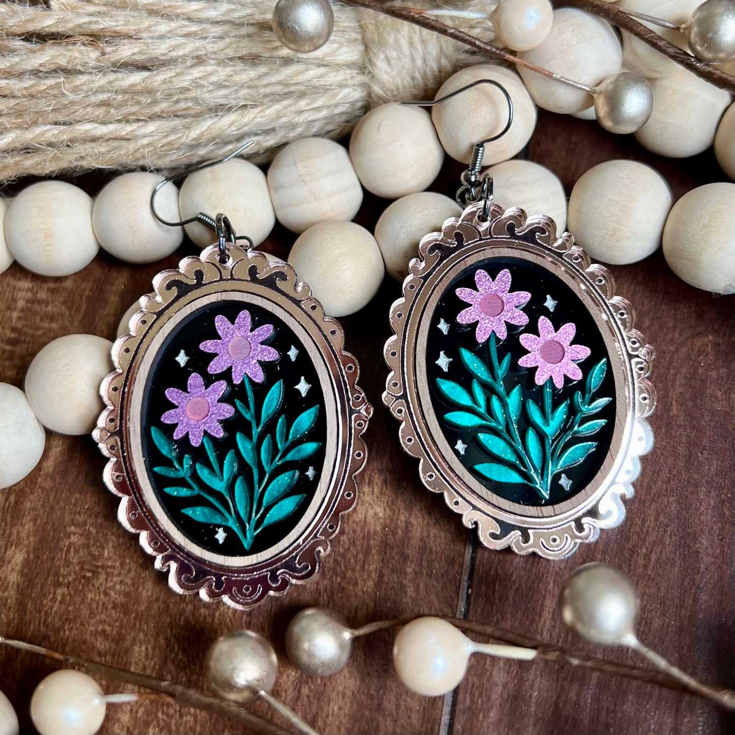 Rose Gold Framed Floral Dangles