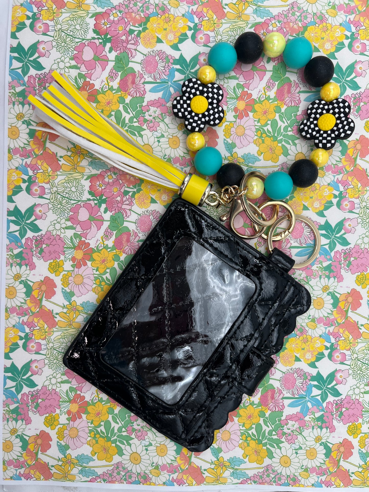 Floral Soda Keychain Wristlet with Wallet Bracelet