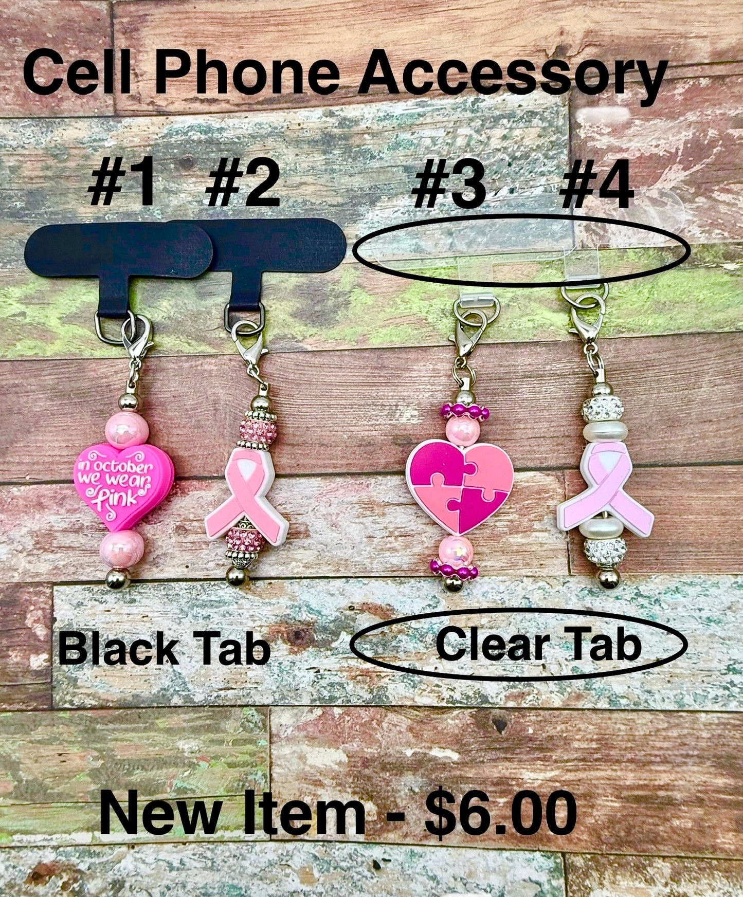 Breast Cancer Awareness Beaded Keychains, Safety Pin Brooch, Cell Phone Accessory