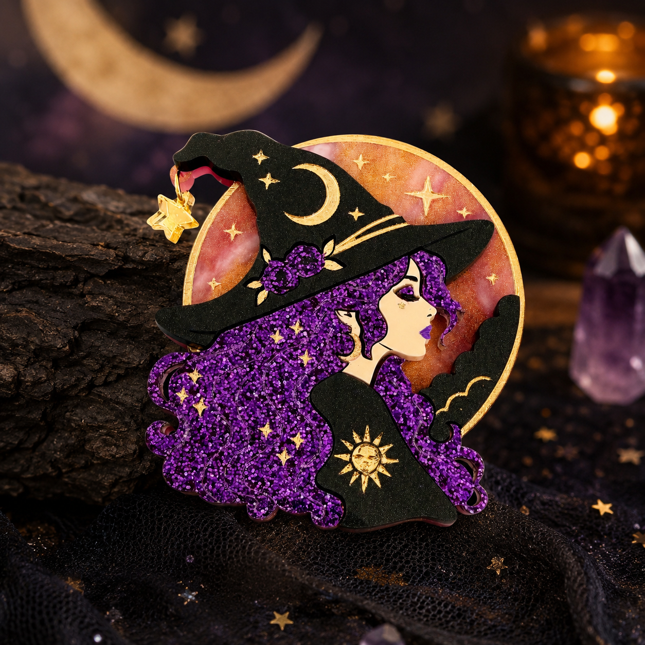 Purple Moon Witch BROOCH (& other larger items)