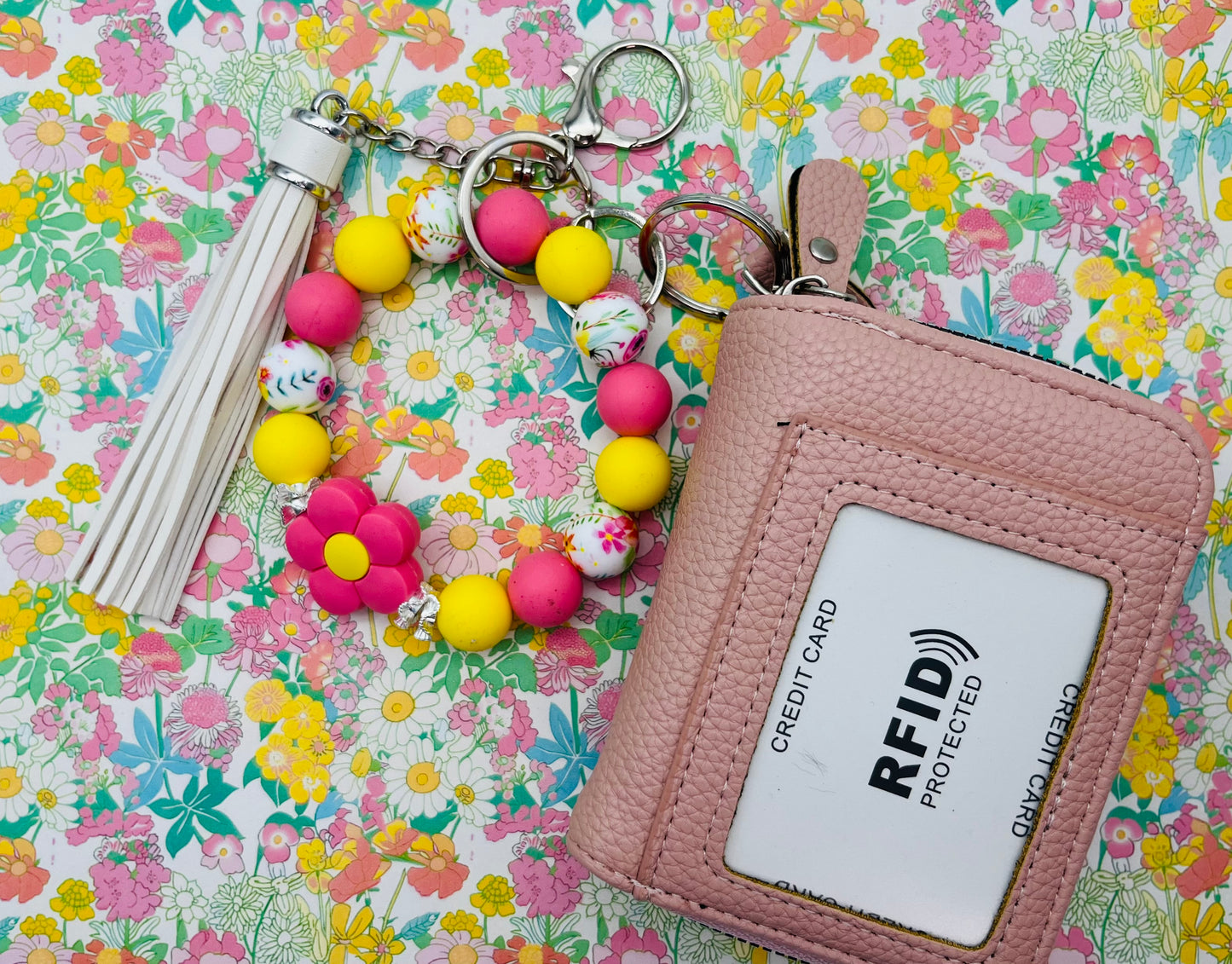Floral Soda Keychain Wristlet with Wallet Bracelet