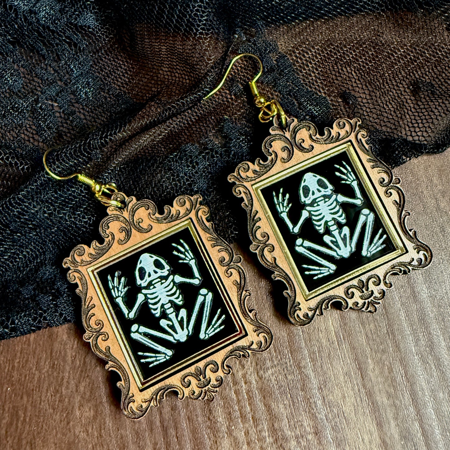 Framed Frog Skeleton Dangles