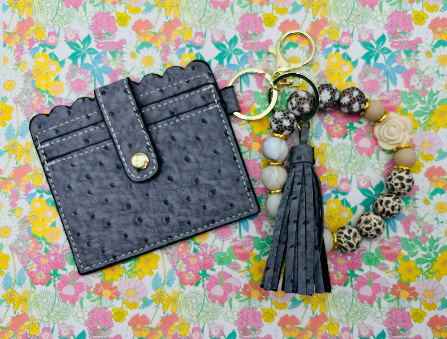 Floral Soda Keychain Wristlet with Wallet Bracelet