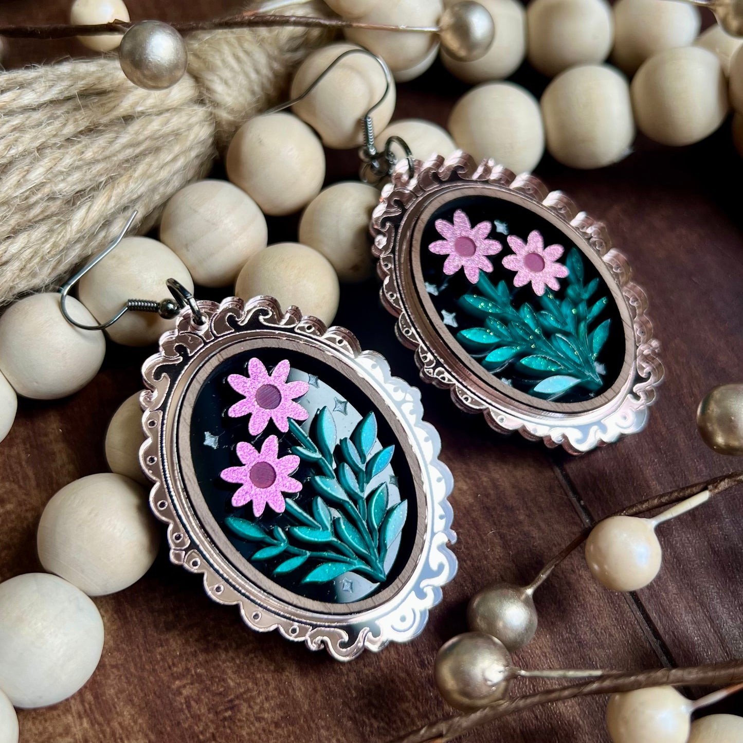 Rose Gold Framed Floral Dangles