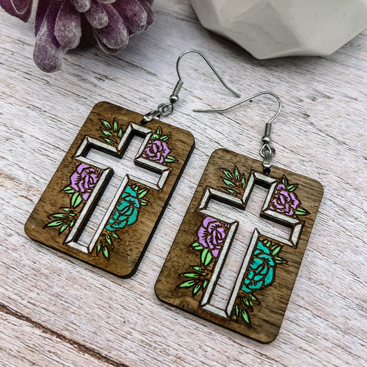 SEP CLEARANCE Hand-Painted Floral Cross Dangles