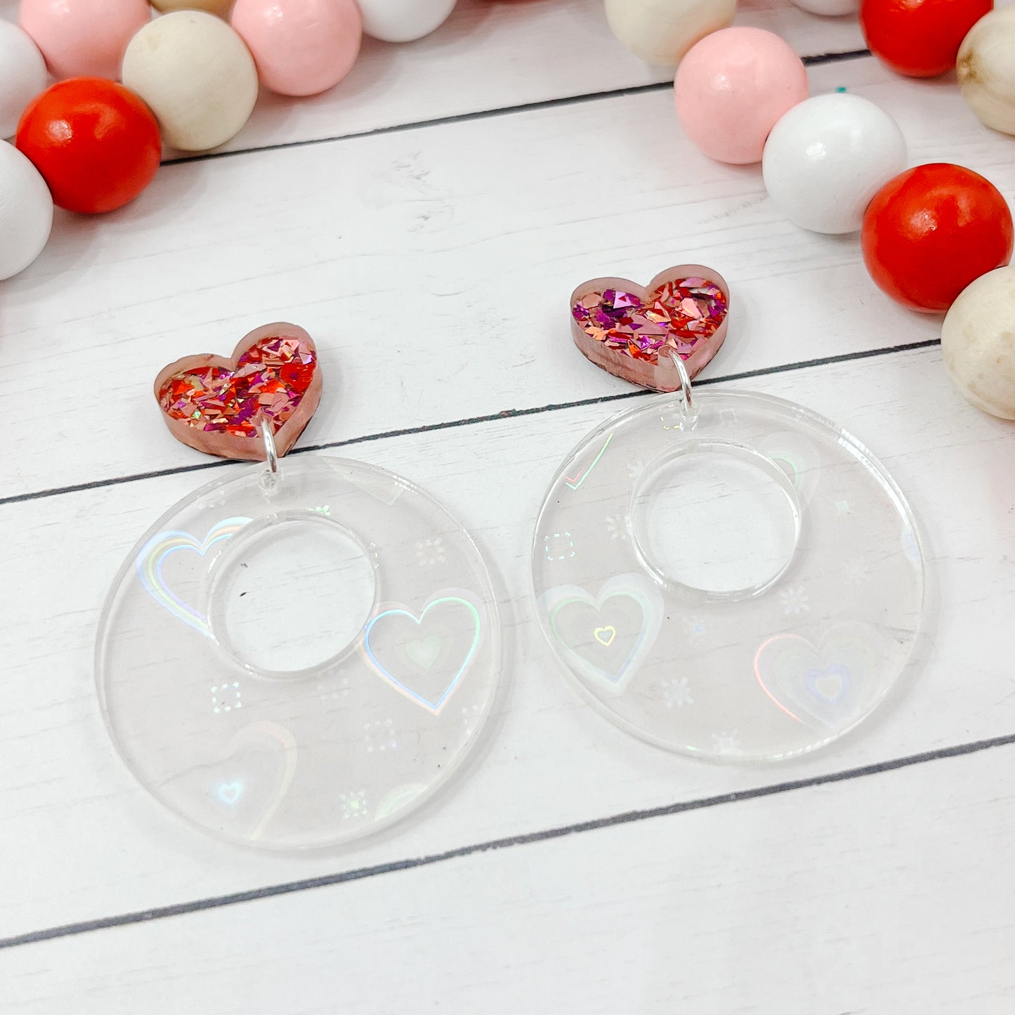 Holographic Heart Circle Dangles