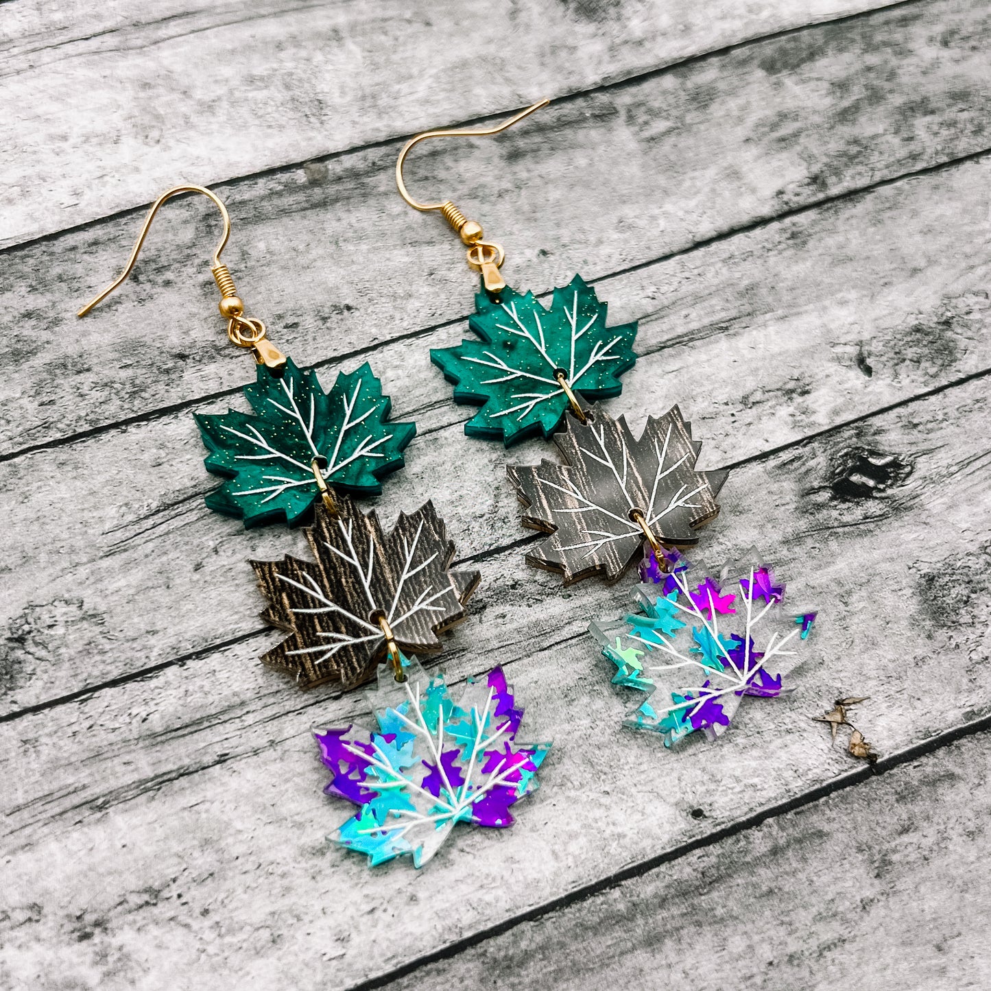 3 Teal Maple Leaf Dangle