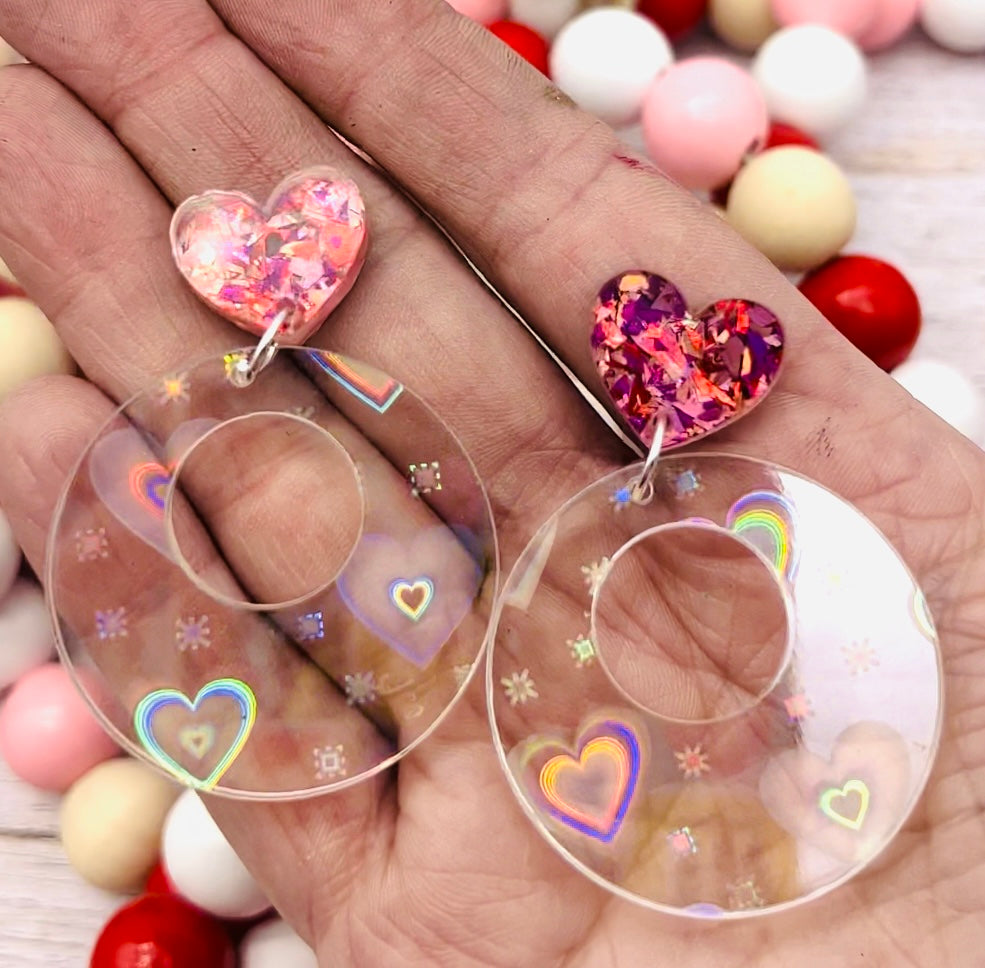 Holographic Heart Circle Dangles