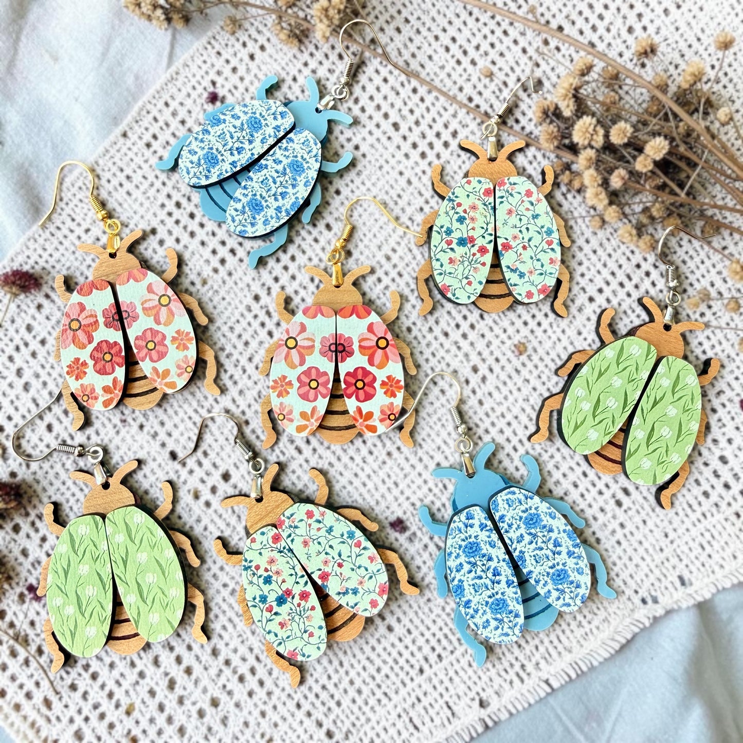 Floral Beetle Wood Dangle (4 Patterns Available)