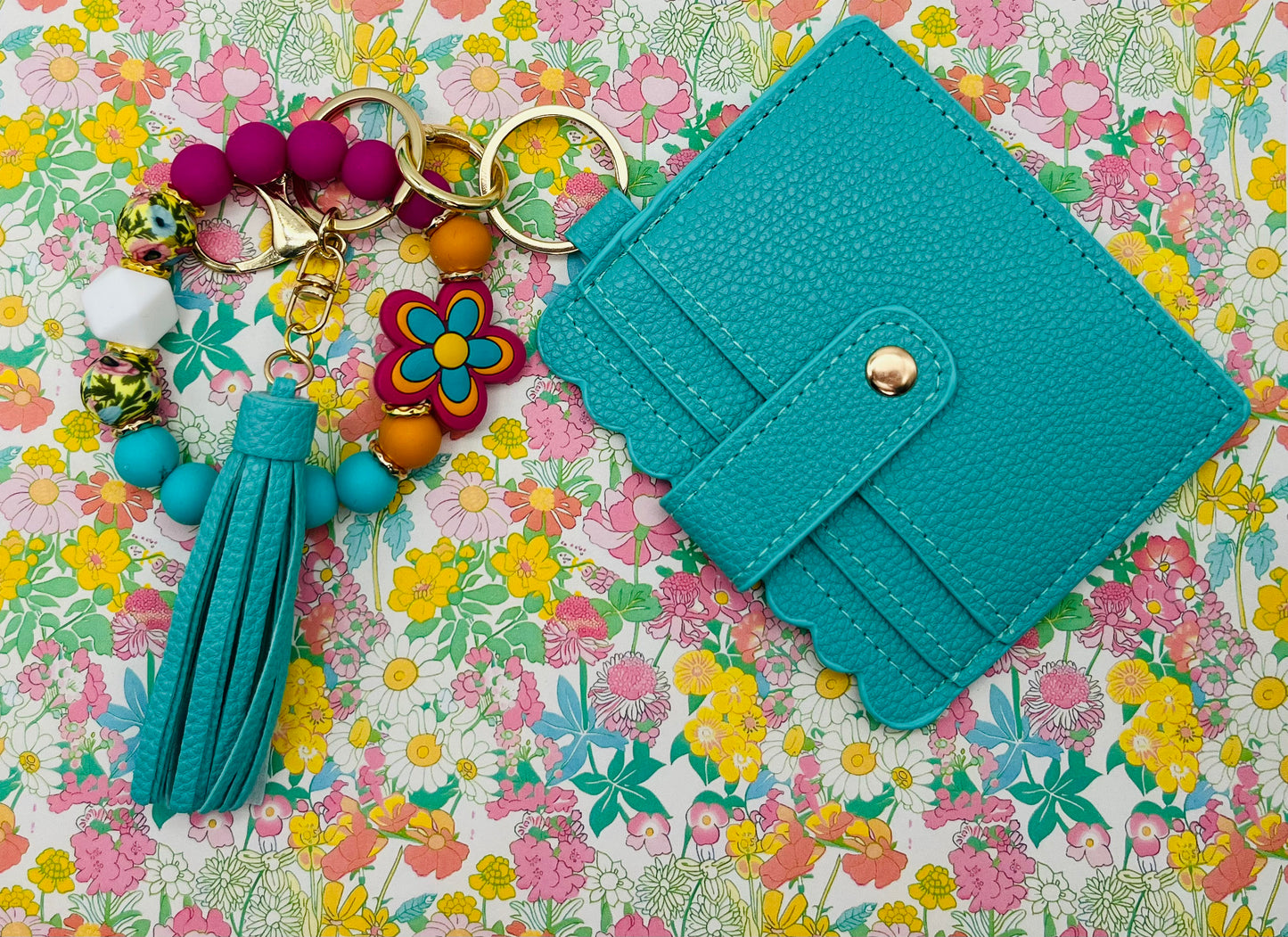 Floral Soda Keychain Wristlet with Wallet Bracelet