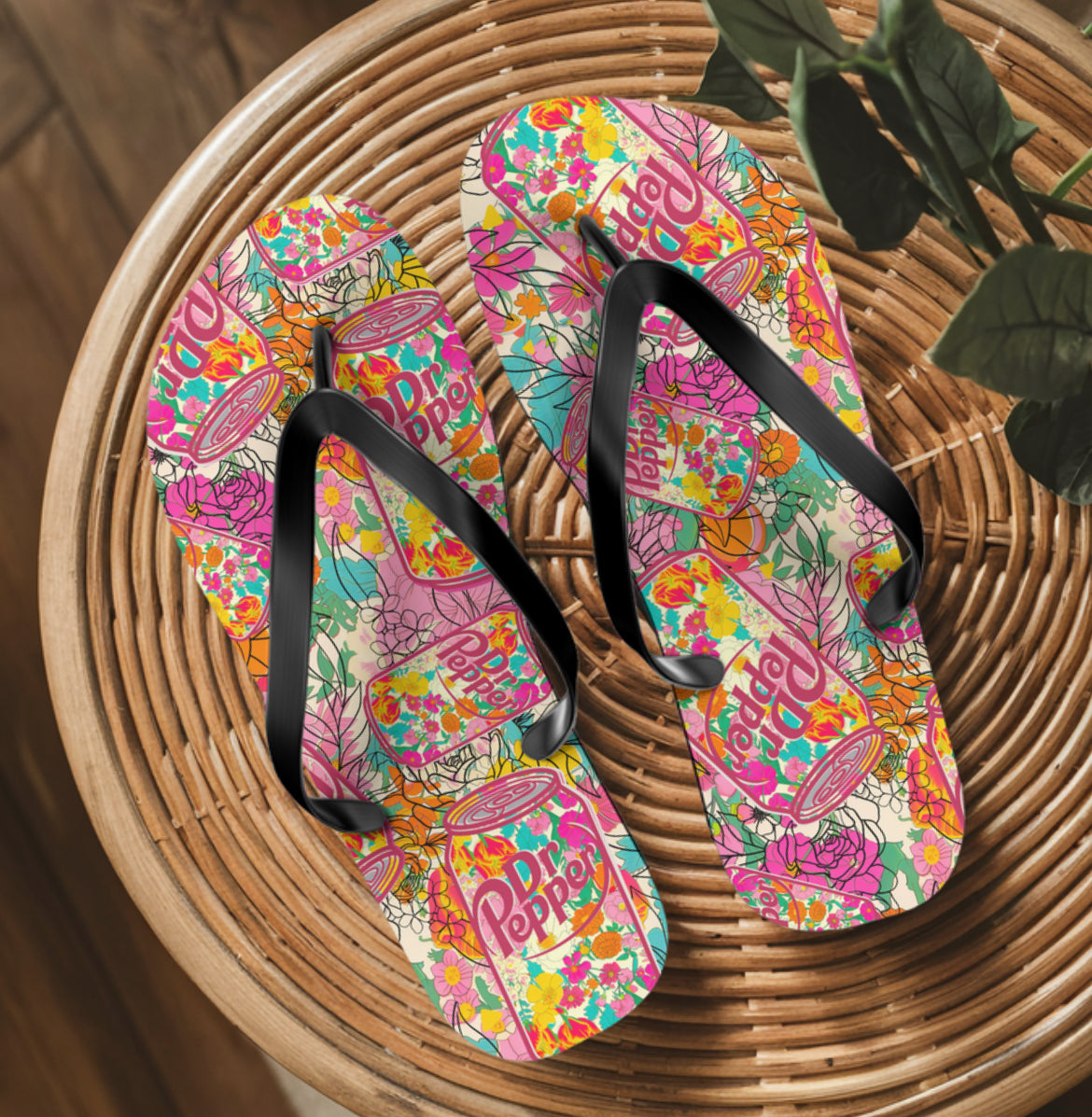 Floral Dr Pepper Flip Flops
