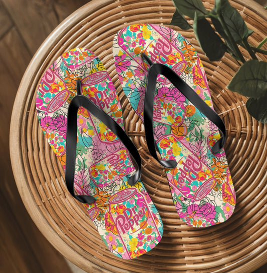 Floral Dr Pepper Flip Flops