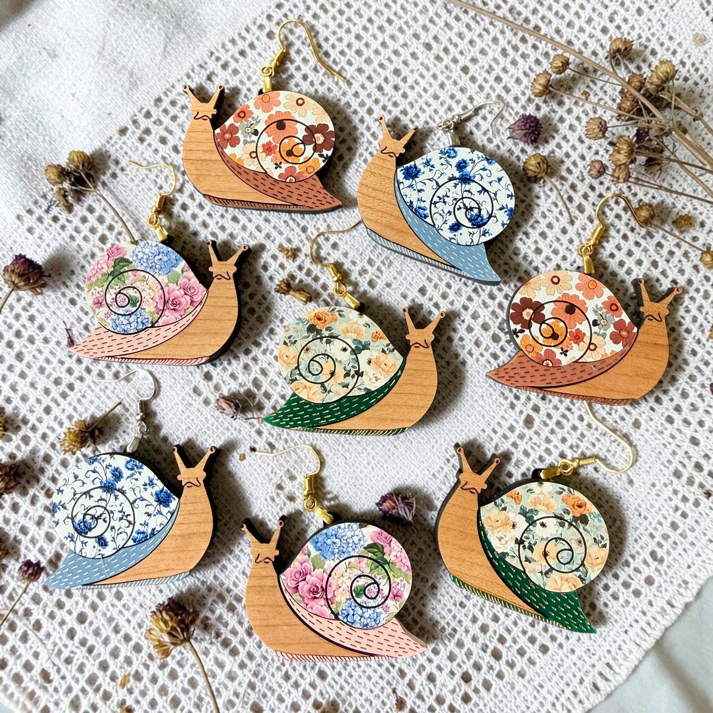 Floral Snail Wood Dangle (4 Patterns Available)