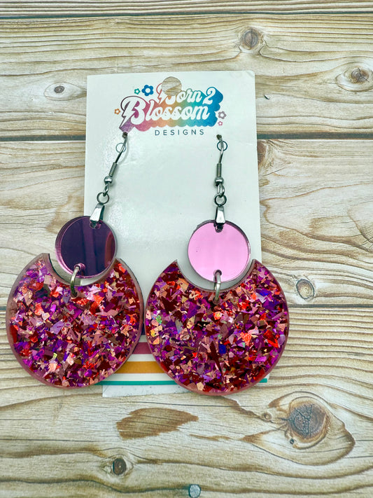 SEP CLEARANCE Pink Glitter Circle Dangles