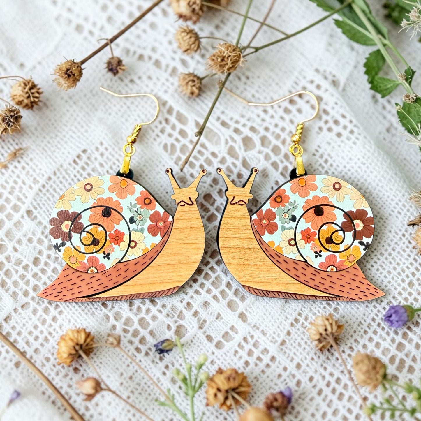 Floral Snail Wood Dangle (4 Patterns Available)
