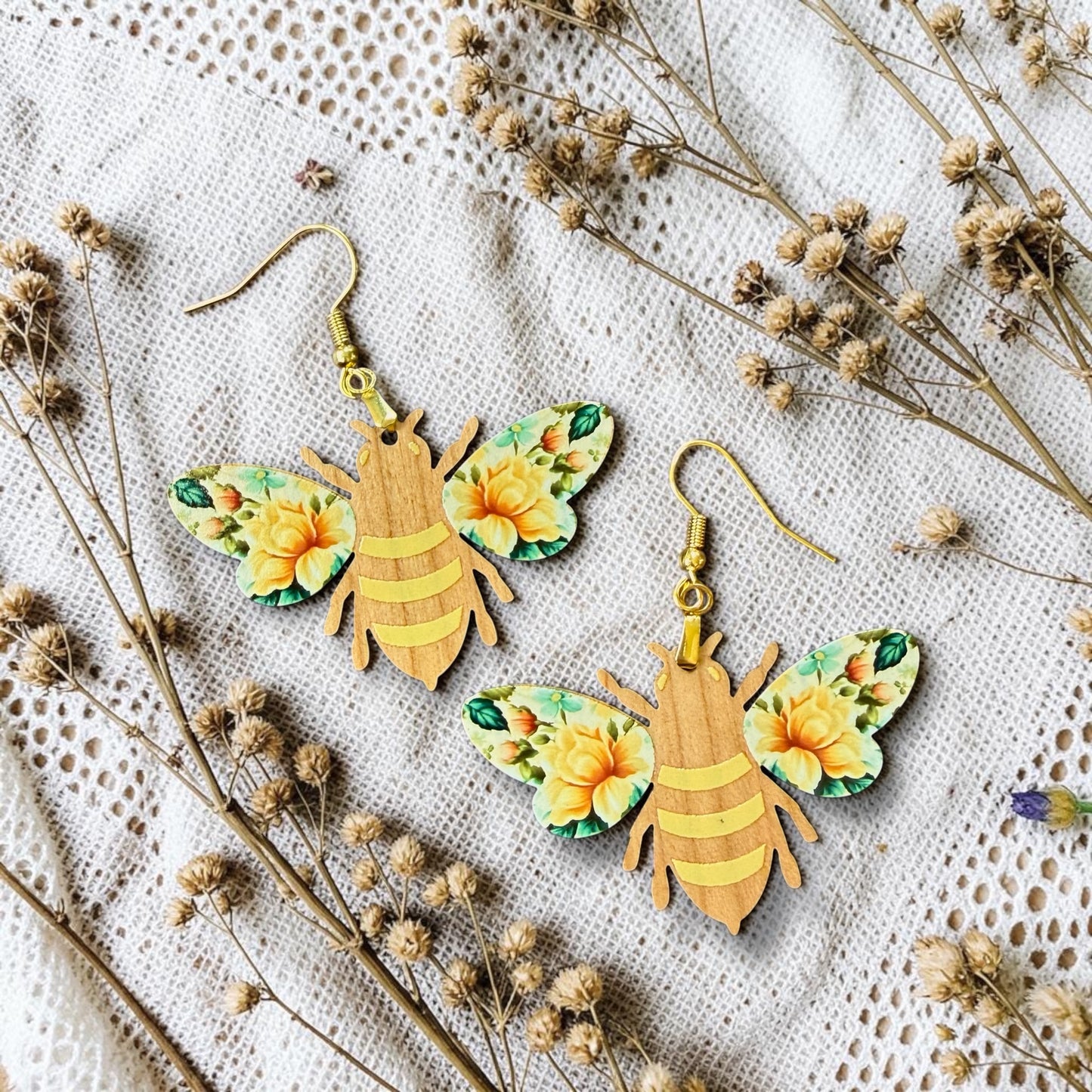 Floral Bee Wood Dangle (4 Patterns Available)