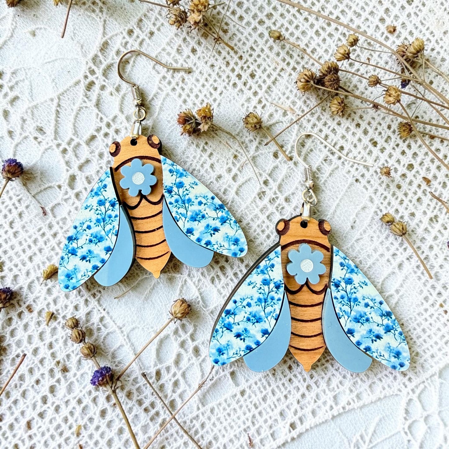 Floral Cicada Wood Dangle (4 Patterns Available)