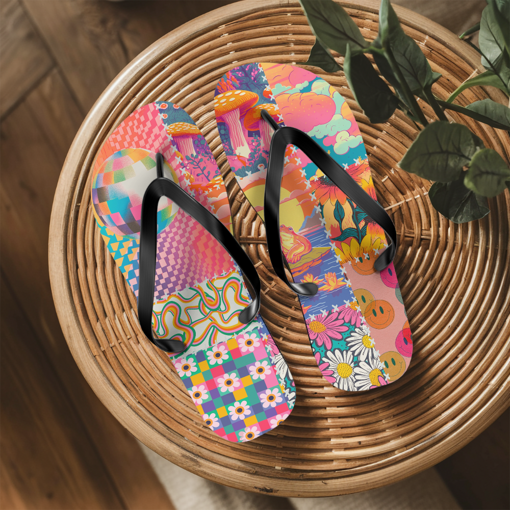 Neon Retro Patchwork Flip Flops