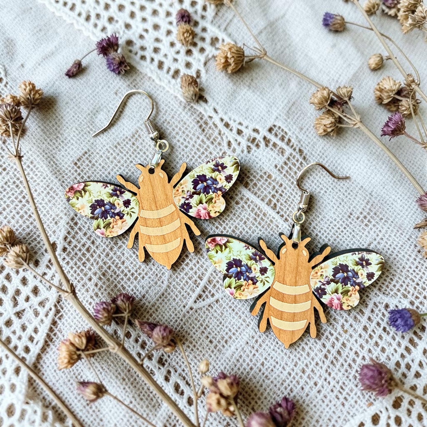 Floral Bee Wood Dangle (4 Patterns Available)