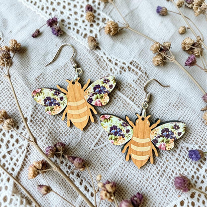 Floral Bee Wood Dangle (4 Patterns Available)