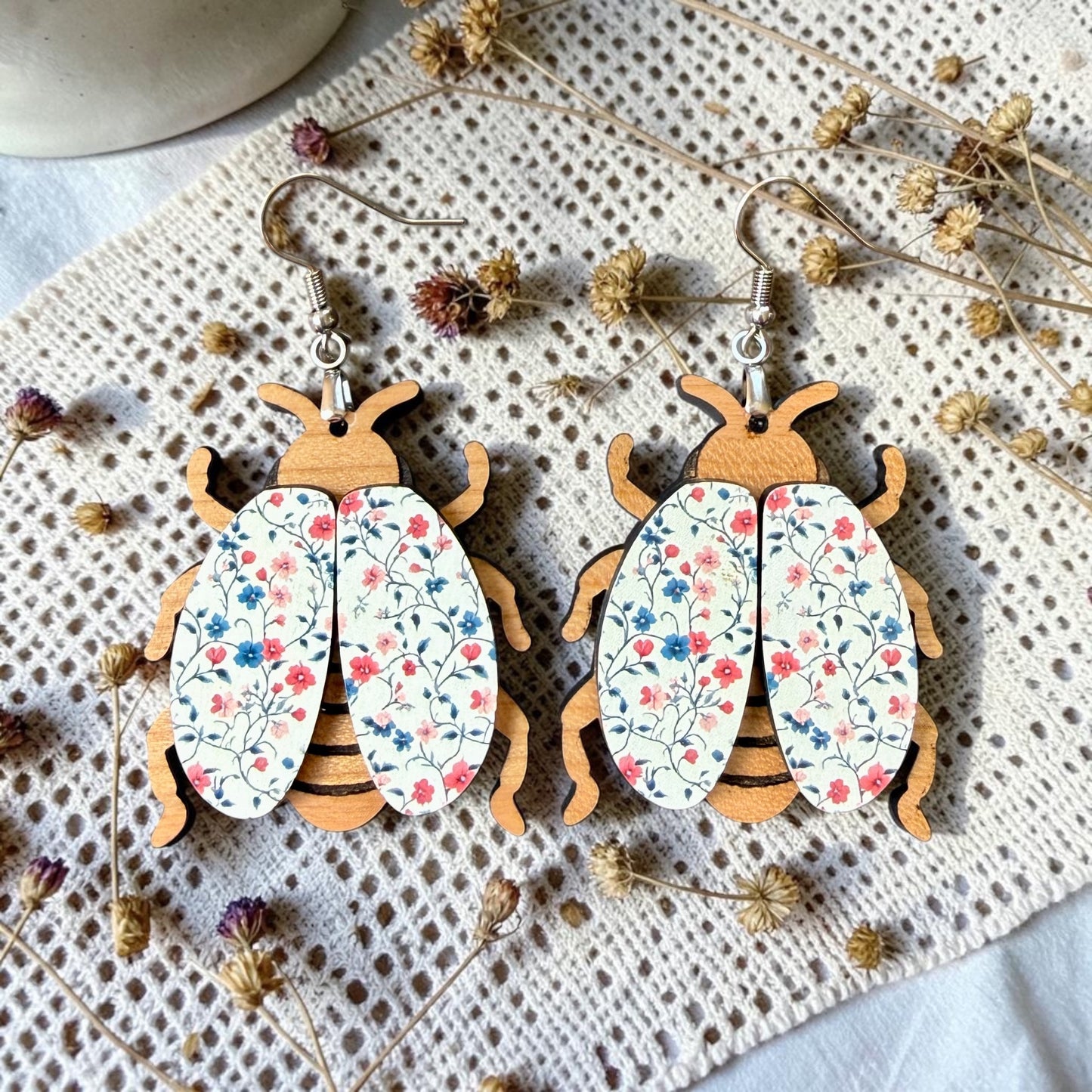 Floral Beetle Wood Dangle (4 Patterns Available)