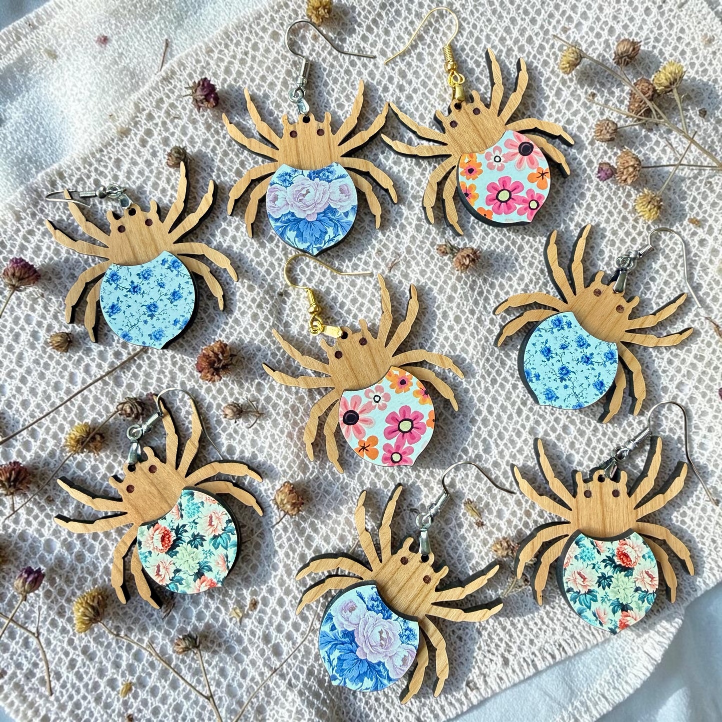 Floral Spider Wood Dangle (4 Patterns Available)