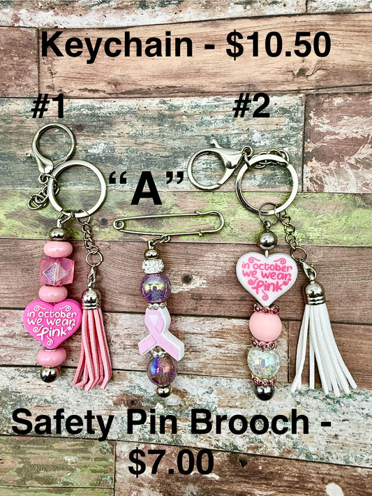 Breast Cancer Awareness Beaded Keychains, Safety Pin Brooch, Cell Phone Accessory