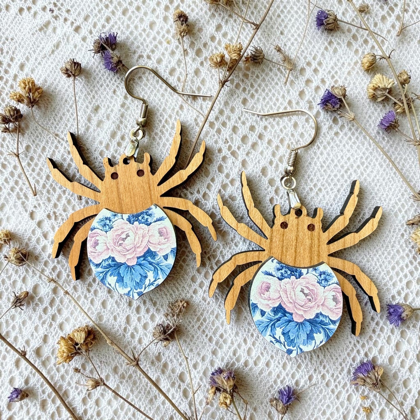 Floral Spider Wood Dangle (4 Patterns Available)
