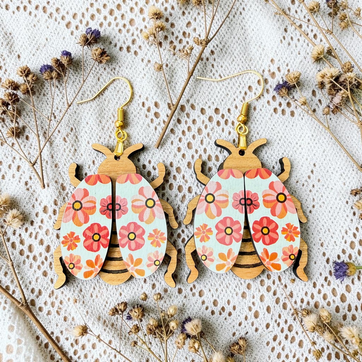 Floral Beetle Wood Dangle (4 Patterns Available)