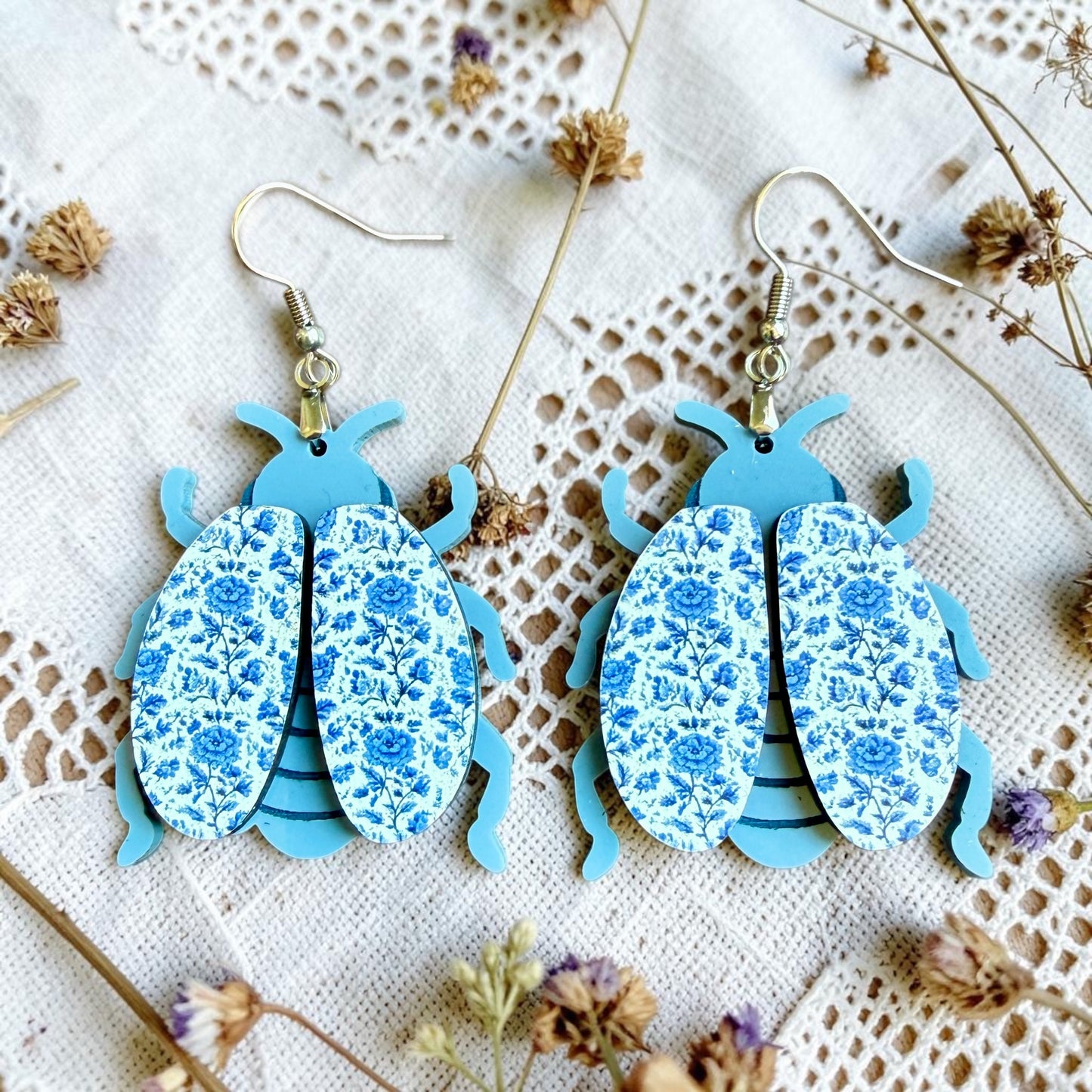 Floral Beetle Wood Dangle (4 Patterns Available)