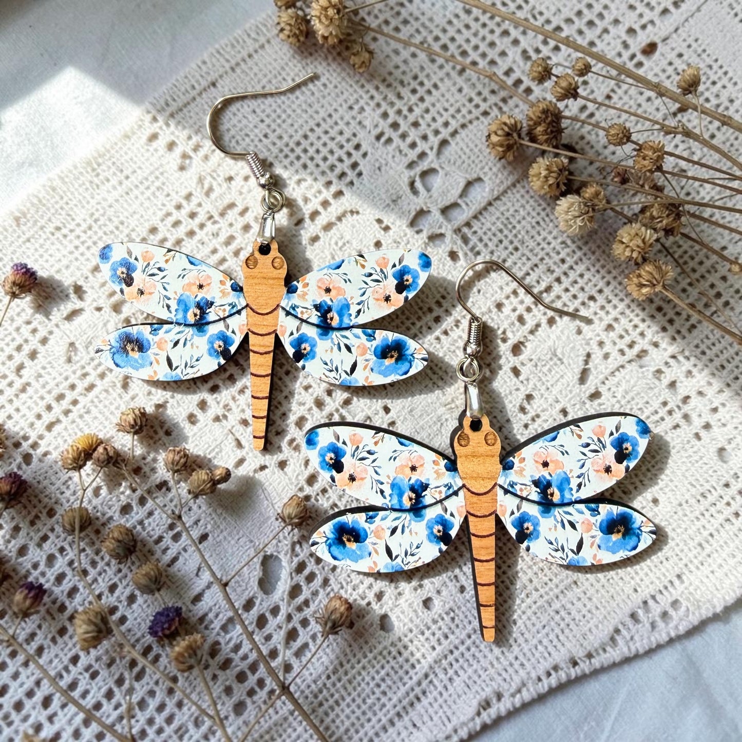 Floral Dragonfly Wood Dangle (4 Patterns Available)