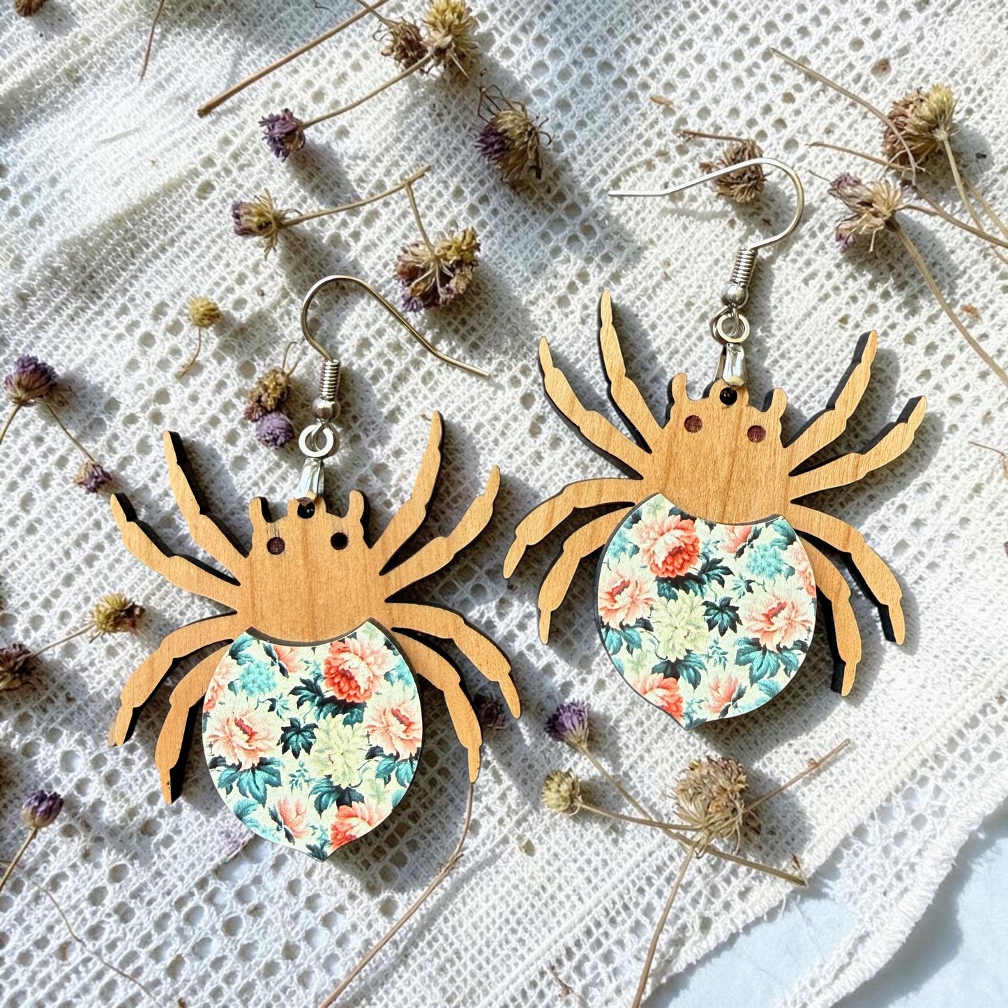 Floral Spider Wood Dangle (4 Patterns Available)