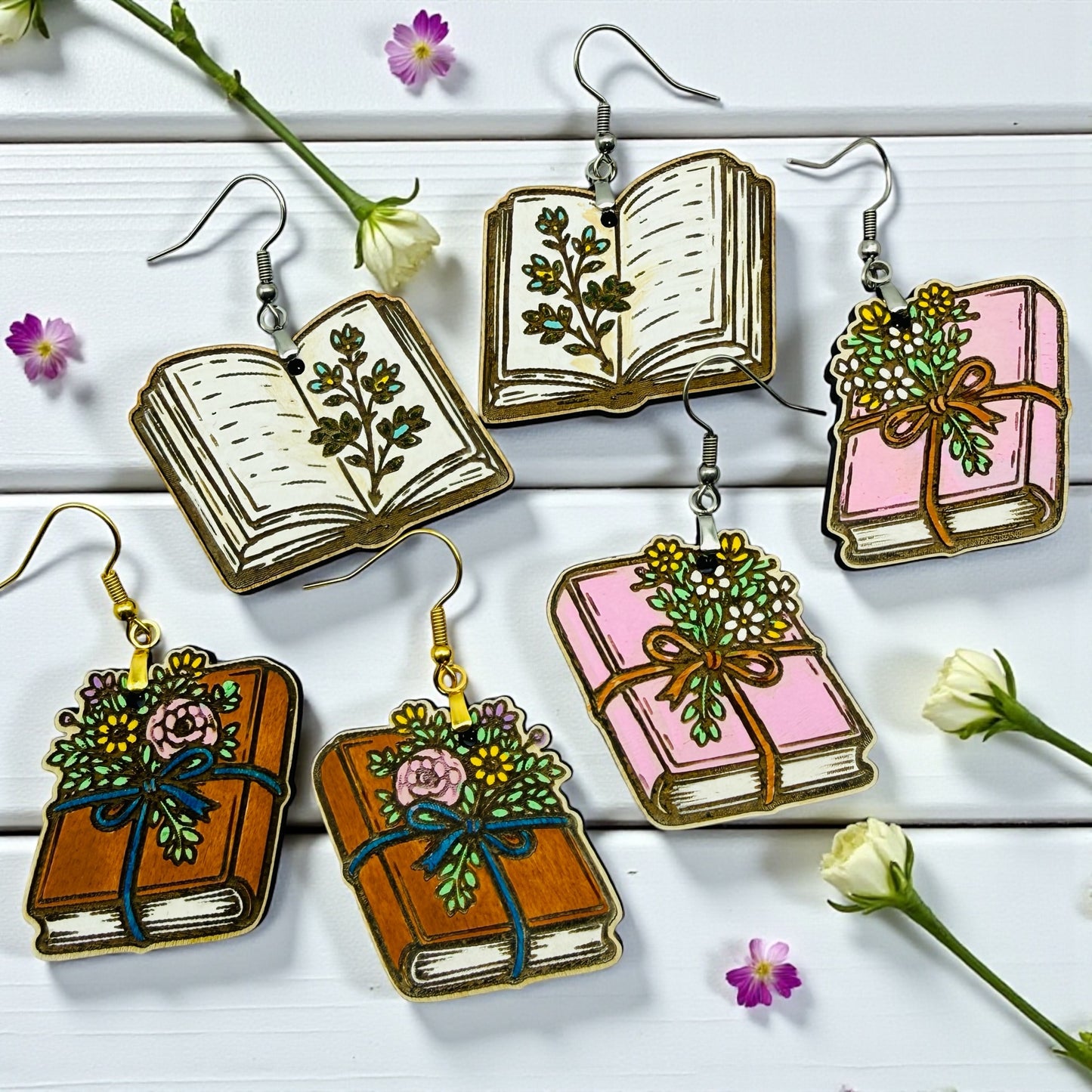 Hand-painted Book Wood Dangles
