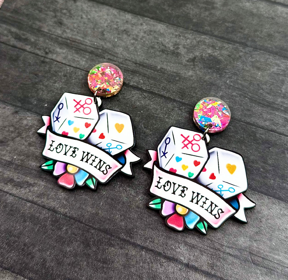 NOV CLEARANCE Love Wins Dice Dangles