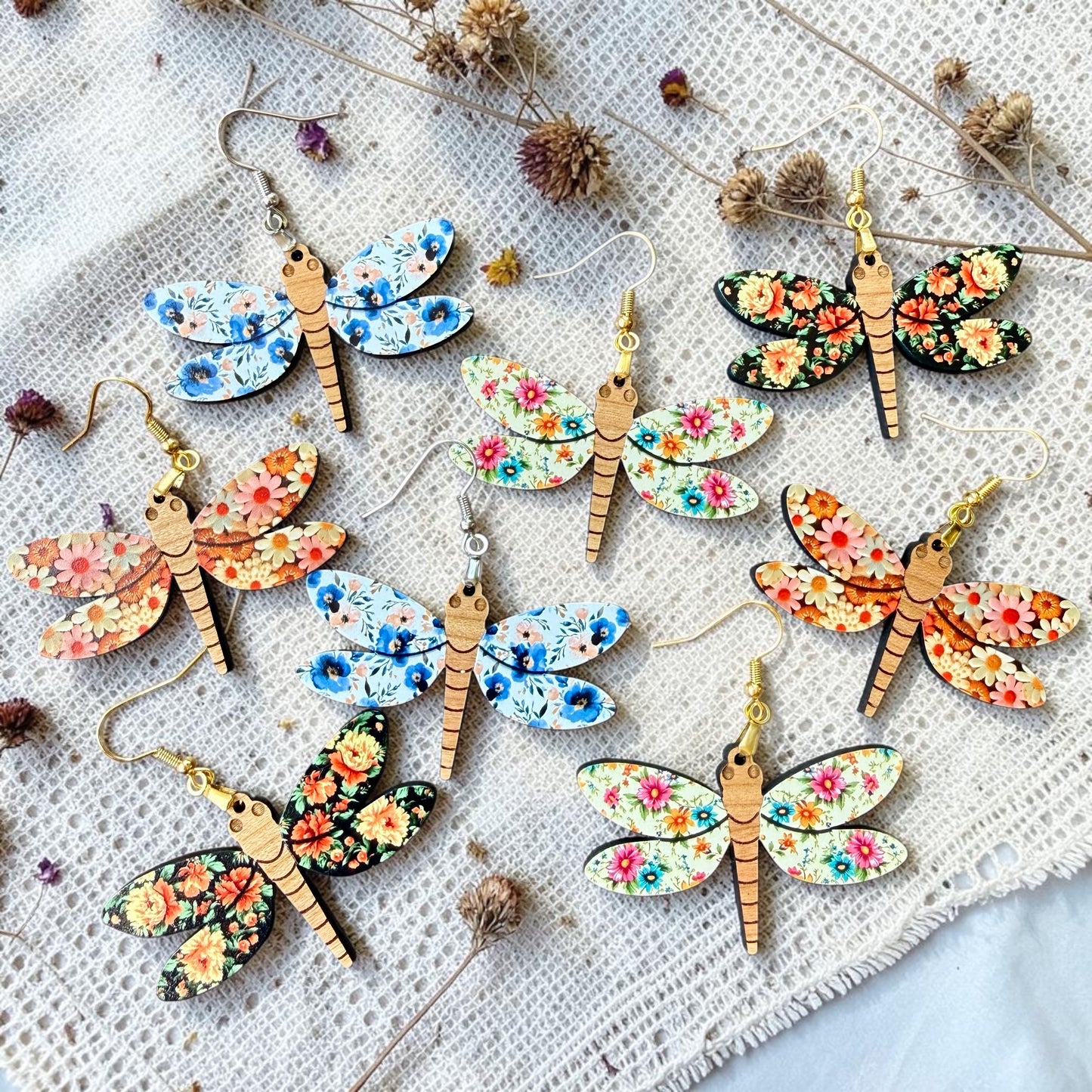 Floral Dragonfly Wood Dangle (4 Patterns Available)