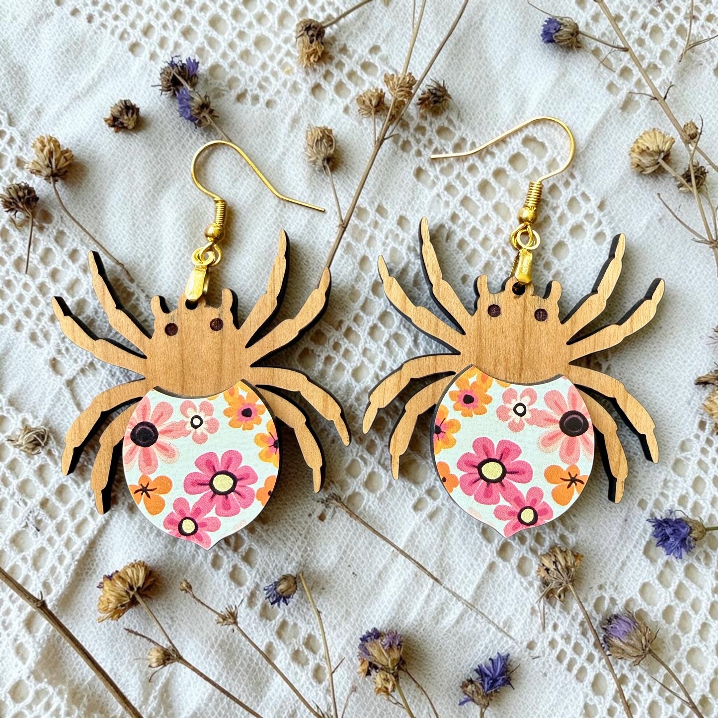 Floral Spider Wood Dangle (4 Patterns Available)