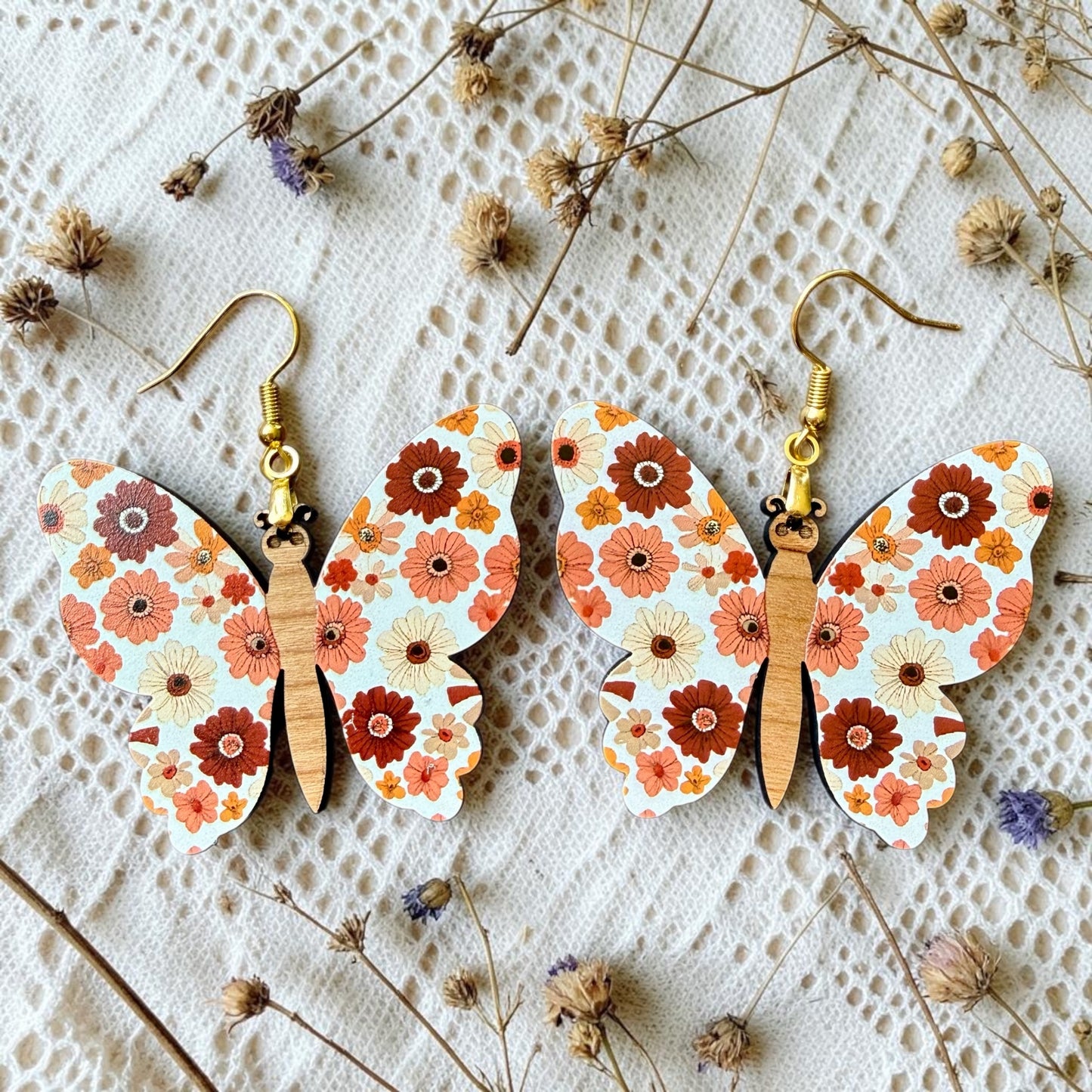 Floral Butterfly Wood Dangle (4 Patterns Available)