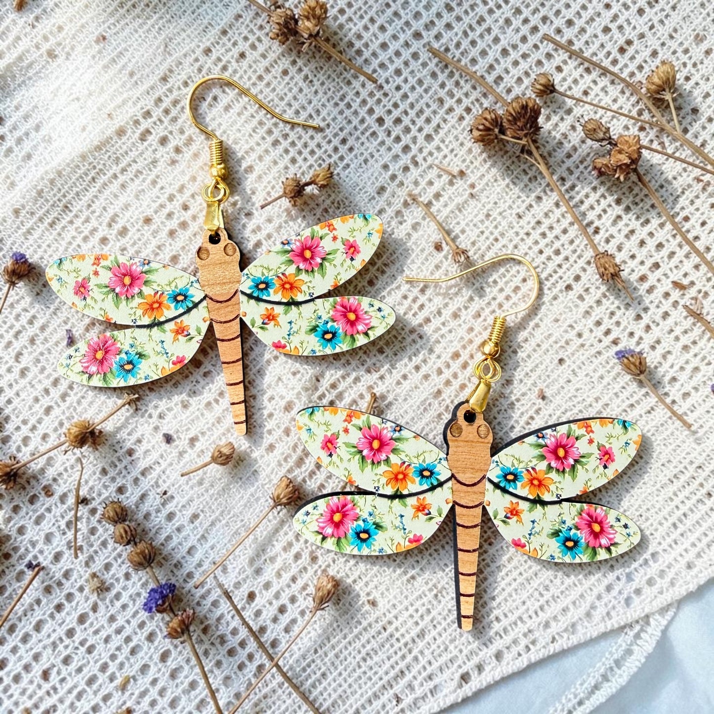 Floral Dragonfly Wood Dangle (4 Patterns Available)