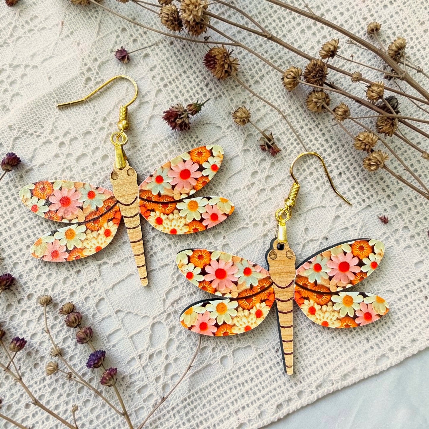 Floral Dragonfly Wood Dangle (4 Patterns Available)