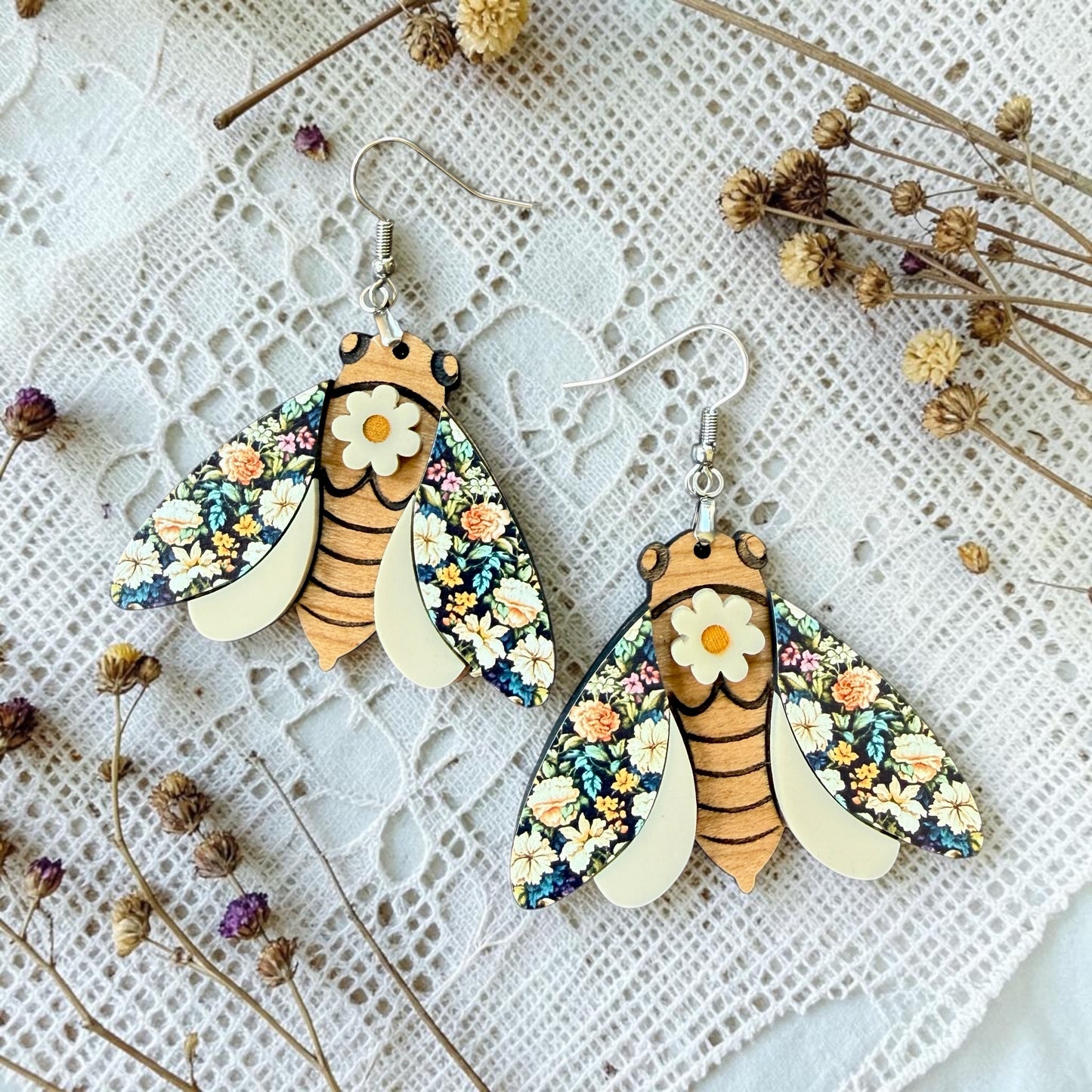 Floral Cicada Wood Dangle (4 Patterns Available)
