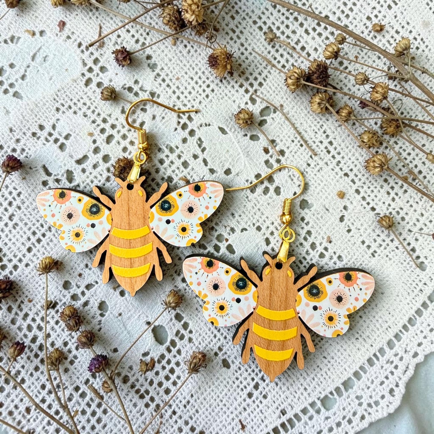 Floral Bee Wood Dangle (4 Patterns Available)
