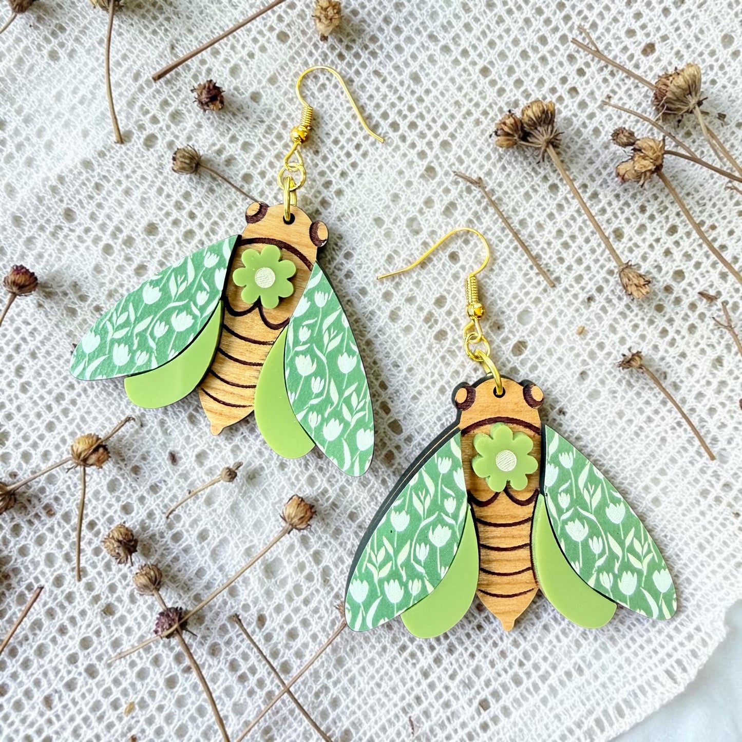 Floral Cicada Wood Dangle (4 Patterns Available)