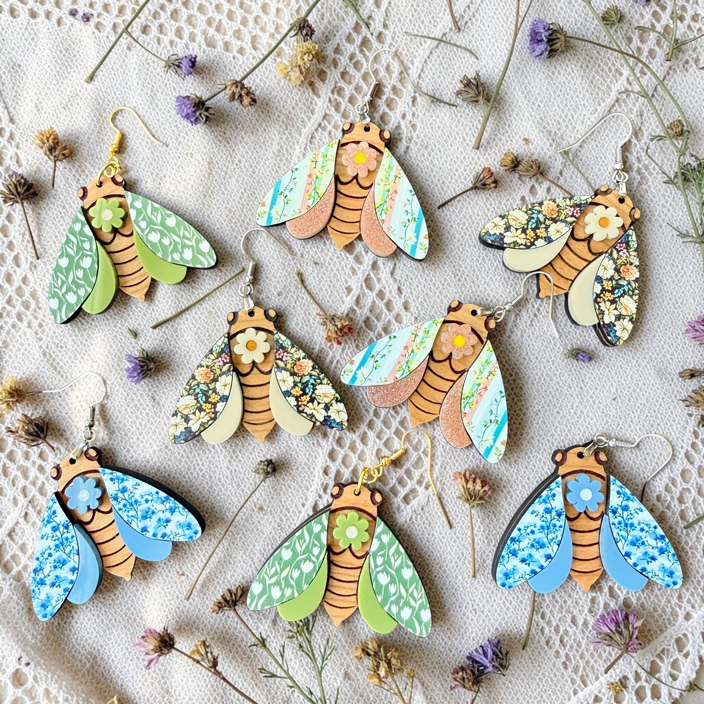 Floral Cicada Wood Dangle (4 Patterns Available)