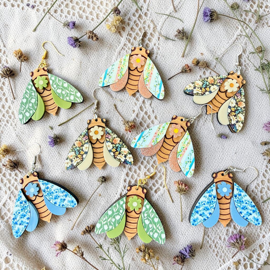 Floral Cicada Wood Dangle (4 Patterns Available)