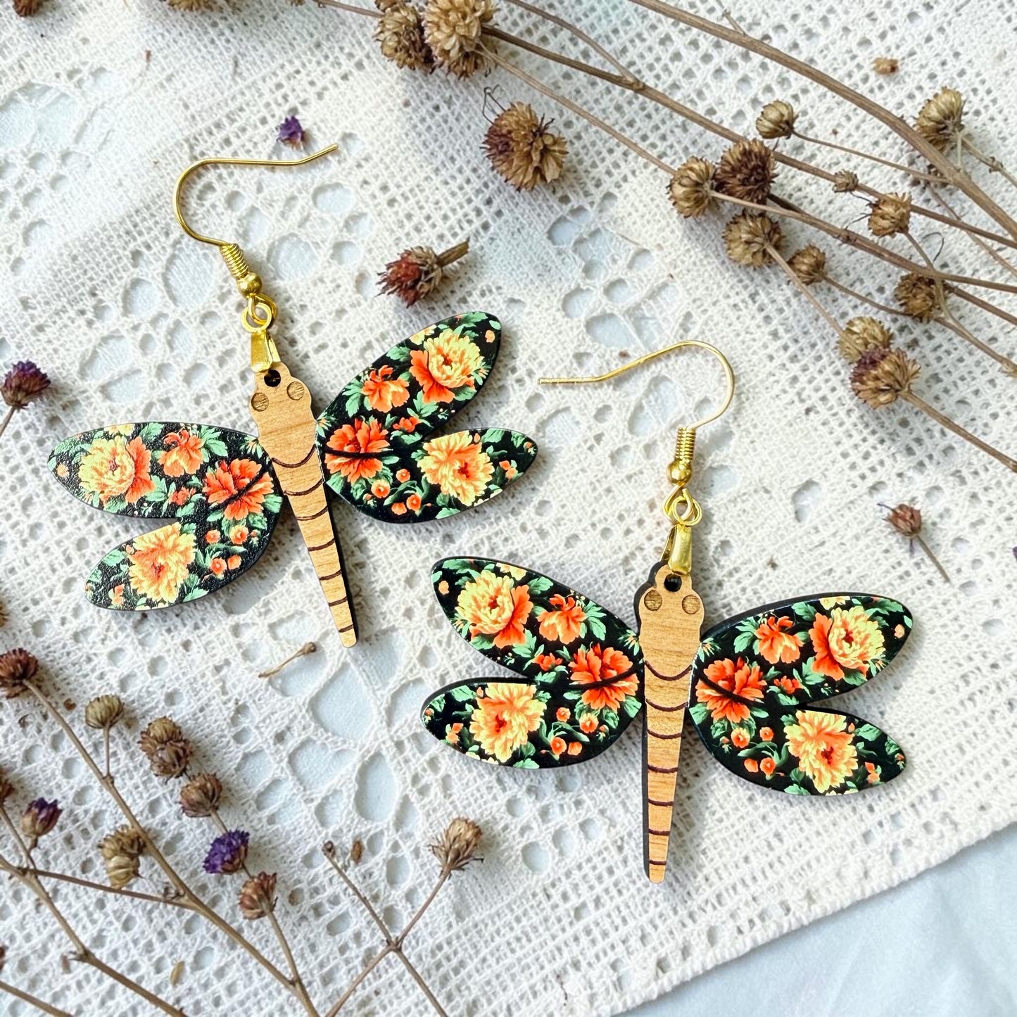 Floral Dragonfly Wood Dangle (4 Patterns Available)