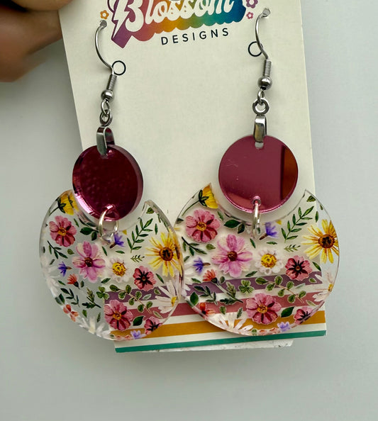 NOV CLEARANCE Pink Flower Circle Dangles