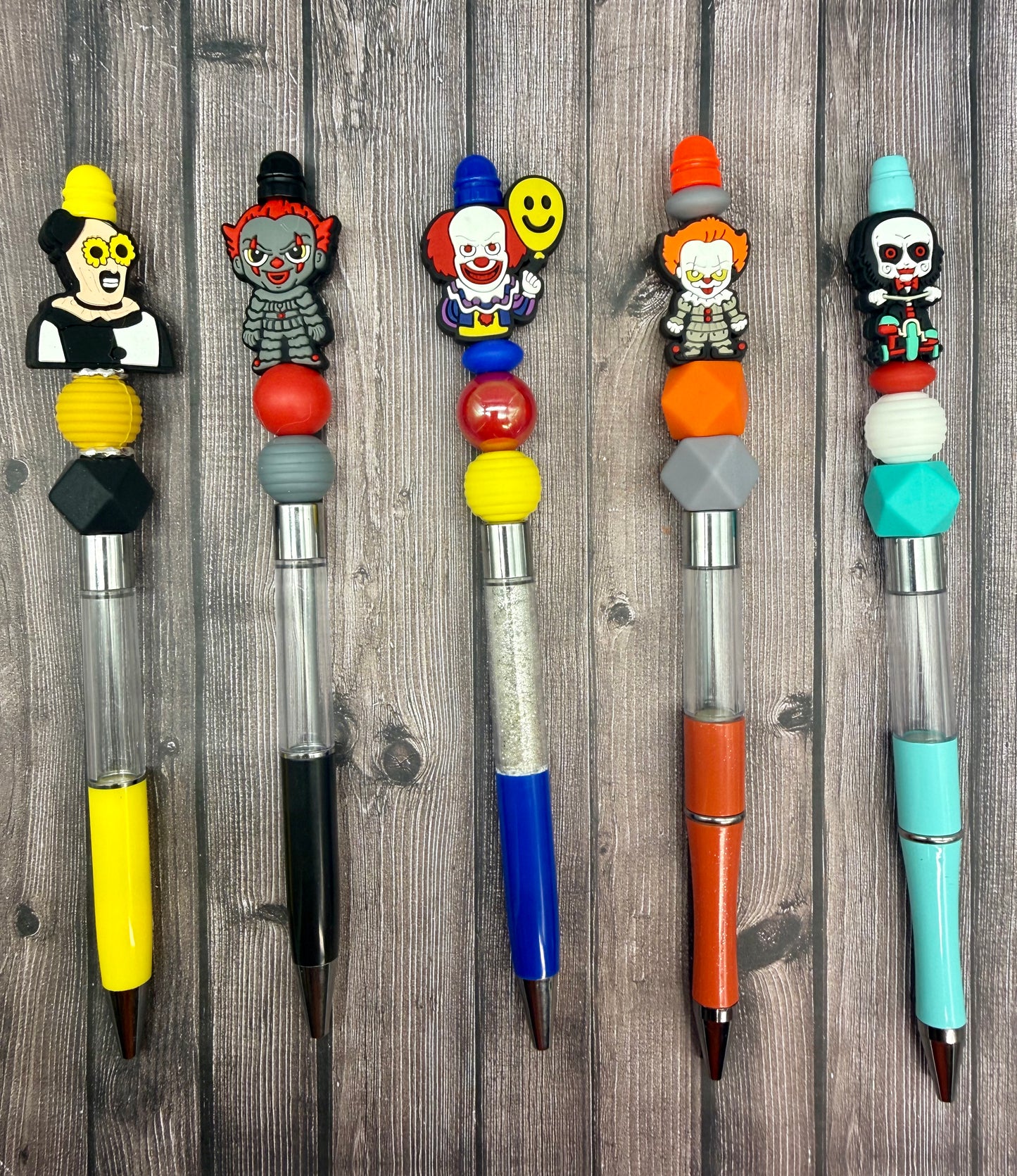 Spooky Circus Beaded Glitter Pens Featuring Dancing and Clown Characters