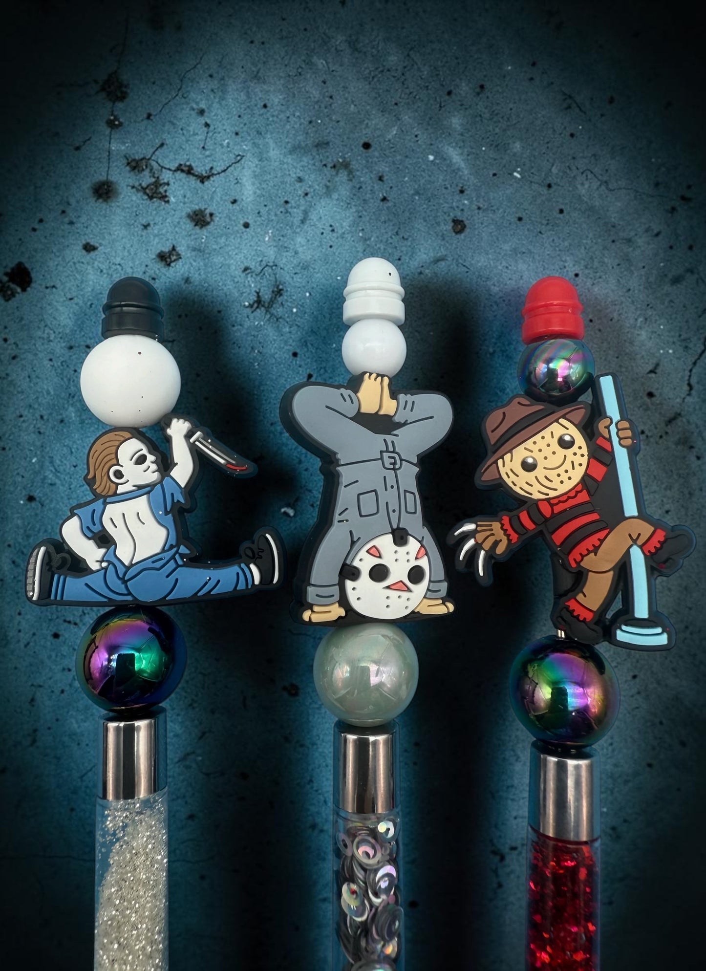 Spooky Circus Beaded Glitter Pens Featuring Dancing and Clown Characters